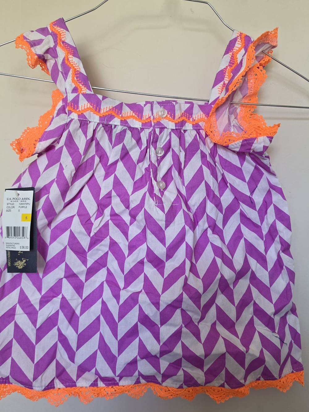 U.S. Polo Assn. Girls' Purple Chevron Tank with Orange Lace Trim